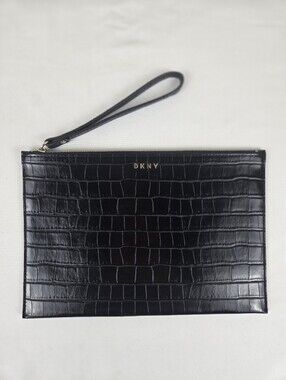 DKNY Black Croc Embossed Wristlet Clutch Top Zipper Logo Lined Minimalist